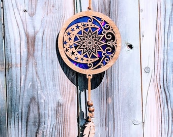 Celestial Moon Sun Catcher | Recycled CD & Wood Hanging | Handmade Boho Window Ornament | Witchy| Eco-Friendly Gift
