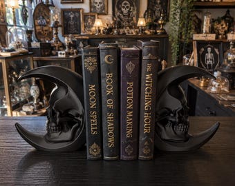 Gothic Crescent Moon Skull Bookends (Set)