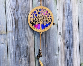 Maple Tree Sun Catcher | Recycled CD & Wood Hanging | Handmade Boho Window Ornament | Witchy| Eco-Friendly Gift