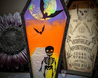 Skeleton Trick or Treat Coffin Tray/ Altar shelf/  Crystal shelving/  Desktop shelf/ Altar tools/
