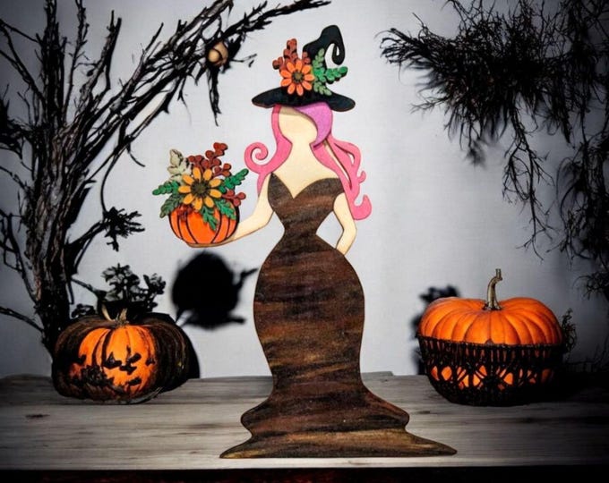 Featured listing image: Pumpkin Witch / Wooden Decor / Hand Painted / Halloween / Fall