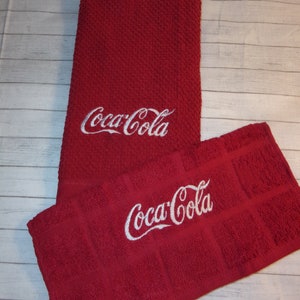 Coca Cola Inspired Logo Red Kitchen Towel Set Coca Cola 2 Piece Embroidered Red Kitchen Dish Tea Towel and Dish Cloth Set