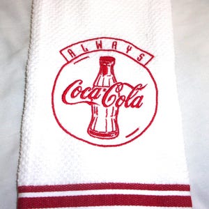 Always Coca Cola Inspired Embroidered Coca Cola Always Bottle White and Red Kitchen Dish Tea Towel