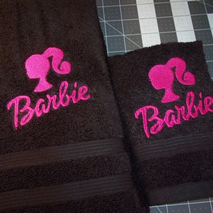 Inspired BARBIE Black and Hot Pink 2 Piece Embroidered Hand Guest Towel and Wash Face Cloth Barbie Bath Decor FREE Shipping