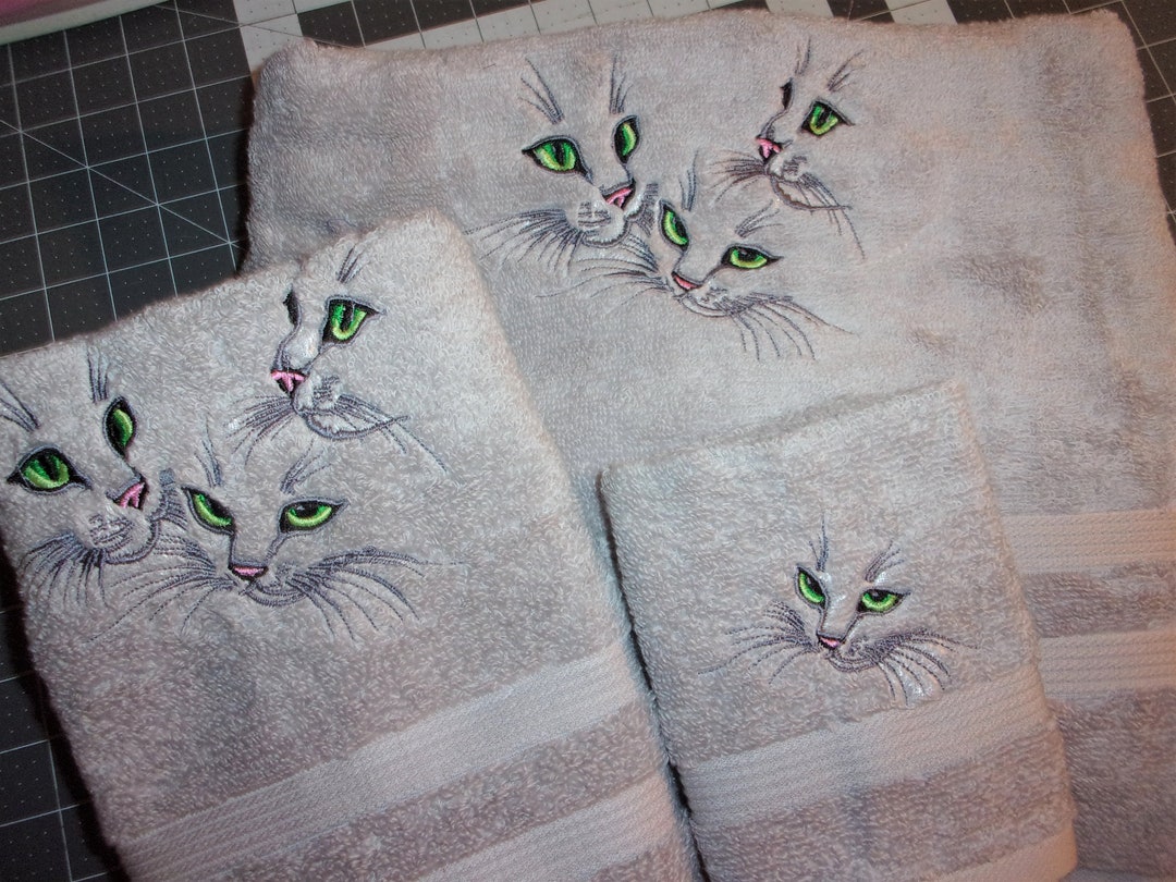 Cats Kittens Faces Embroidered Cat Kitten Face 2 Piece Hand Towel Washcloth Set or 3 Piece Bath