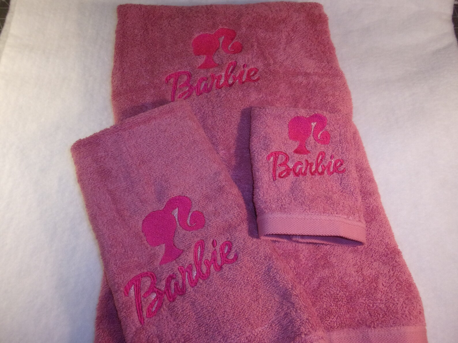 BARBIE 3 Piece Rose Pink Embroidered Bath Towel Hand Guest Etsy