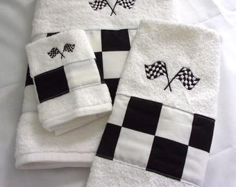 Bath Towel Set Black and White Checkered Flag 3 Piece Embroidered Flags Race Day NASCAR Indy Car Racing Bath Towel Hand Towel Washcloth Set