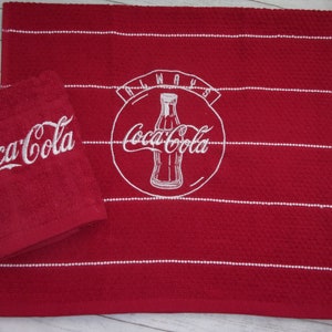 Coca Cola Inspired 2 Piece Red White Kitchen Dish Tea Towel and Dish Cloth Embroidered Always Logo Bottle Set