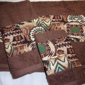 Southwest Pottery Indian Western Ranch Chocolate Brown 3 Piece Bath Hand/Guest Towel and Washcloth Set Western Decor Bath Towel Set
