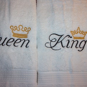 2 Piece King and Queen Royal Crowns His and Hers Hand Guest Gift Embroidered Towel Set ~ 3 Color Choices  King and Queen Towel Set
