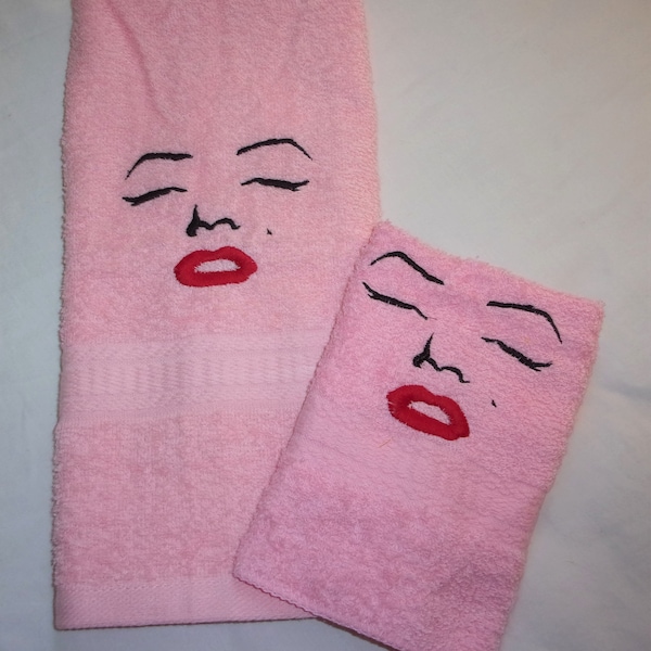 Marilyn Monroe Inspired Full Face Embroidered Pink Hand Guest Towel and Wash Face Cloth Powder Room Bath Decor FREE SHIPPING