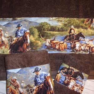 Western  Cattle Drive Cowboy 3 Piece Chocolate Brown Western Horses Cattle Longhorn Bath Towel Hand/Guest Towel Washcloth Set FREE SHIPPING