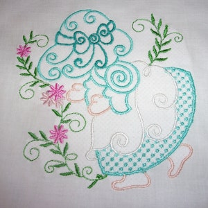 Sunbonnet Sue and Flowers Turquoise Teal Machine Embroidered Quilt Quilting Square