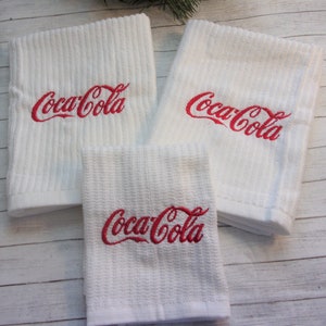 Coca Cola Logo 3 Piece Embroidered White Bar Mop Kitchen Dish Tea Towels and Wash Dish Cloth Set FREE SHIPPING