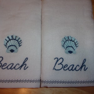 Embroidered Sea Shell Beach Hand Guest Powder Room Towel Blue Sea Shell Beach Ocean Decor Towel Ready To Ship FREE SHIPPING