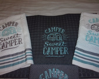 CAMPER Sweet Camper 4 Piece Embroidered Kitchen Dish Bar Mop Towels and Dish Drying Mat Set