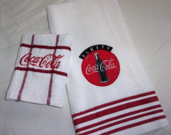 Coca Cola Inspired Logo Always Coca Cola 2 Piece Red White Kitchen Dish Tea Towel and Dish Cloth Set