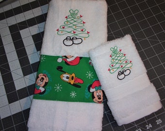 2 Piece Mickey Mouse and Minnie Mouse Embroidered Christmas Hand Guest Towel and Wash Face Cloth Set Mickey and Minnie Christmas Tree Towel
