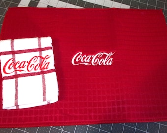 2 Piece Coca Cola Logo Inspired  Red Dish Dry Drying Mat Place Mat and Dish Cloth Set