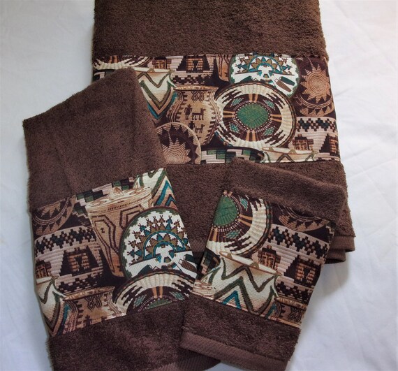 Southwest Pottery Indian Western Ranch Chocolate Brown 3 Piece Bath Hand guest Towel and Washcloth Set Western Decor Bath Towel Set Etsy