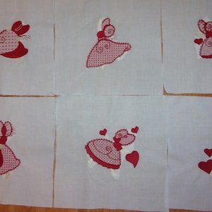 Sunbonnet Sue Red Line Machine Embroidered Quilt Blocks Set