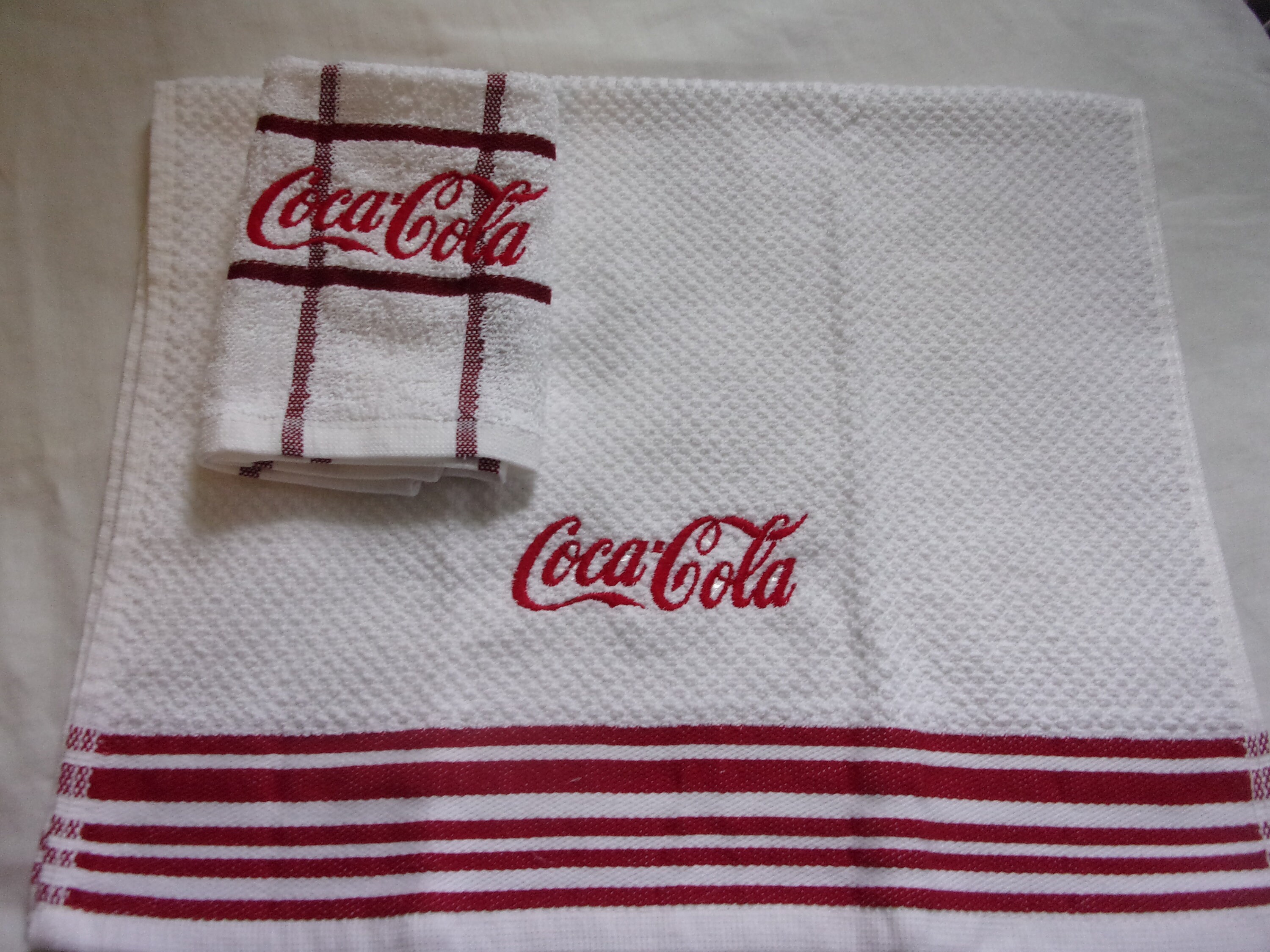 WHITE MAROON STRIPE COCA COLA LOGO SODA COKE EMBROIDERED KITCHEN TOWEL SET 2 