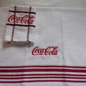 Coca Cola Inspired Logo Kitchen Towel Set Coca Cola 2 Piece Embroidered Red White Kitchen Dish Tea Towel and Dish Cloth Set