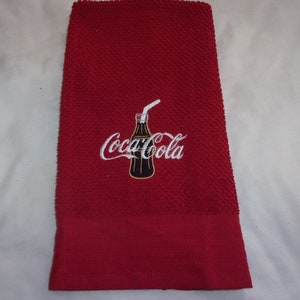 Embroidered COCA COLA Inspired Filled Bottle with Straw Red Kitchen Dish Towel