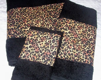Cheetah Leopard Print Black Bath Towels 3 Piece Black Bath Hand/Guest Towel Face/Washcloth Set Leopard Cheetah Animal Spots FREE SHIPPING