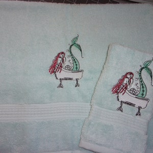 Mermaid Bath Towel Set Mint Green Mermaid 2 Piece Embroidered Mermaid Hand Guest Towel Washcloth Set READY To SHIP
