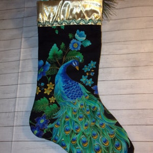Peacock Flowers Gold Blue Turquoise Black Sparkle Gorgeous Peacock Tail Feathers Christmas Stocking FREE SHIPPING