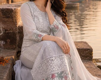 Grey Floral Organza Kurta Set for Women, Embroidered Palazzo Suit, Designer Dupatta, Indian Wedding Outfit Plus size 3xl