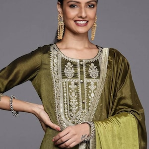 Silk Kurta Sets For Women - Indian Wedding Wear - Green Embroidered  Straight Kurta With Sharara and Dupatta - Salwar  Suit - Wedding Wear