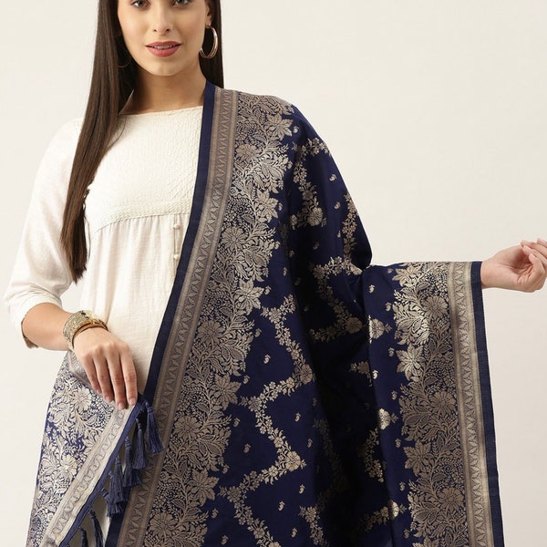 Banarsi silk Navy Blue Dupatta - 100% Banarsi silk - Banarasi scarf - Dupatta for Indian outfit - silk dupatta - woven design dupatta zari