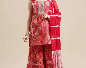 Cotton Kurti with Sharara & With Dupatta - Pink Printed Gotta Patti Kurta Palazzo Set - salwar kameez Set - Pakistani Suit - kurti Tunic