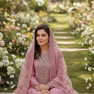 Różowy jedwabny komplet Anarkali Kurta: Nici i Zari Yoke, Net Dupatta
