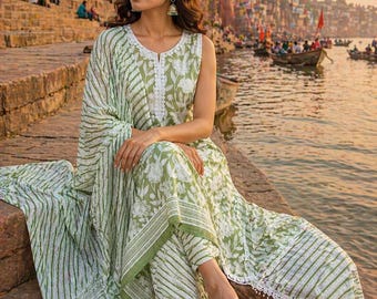 Green Printed Cotton Kurta Set | Sleeveless Indian Party Wear summer Indian dress| boho kurta set for women