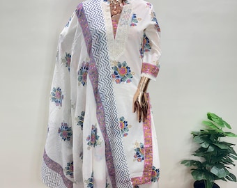 Baumwoll Kurta Set mit Dupatta | 3-teiliger Indianeranzug für Damen | Reine Baumwolle Kurti Hose Set | Sommer Salwar Kameez | Ethnische Alltagskleidung