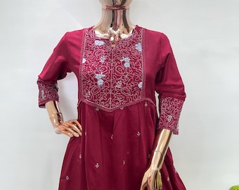 Hand Embroidered Maroon Cotton Kurta: Ethnic Tunic Top