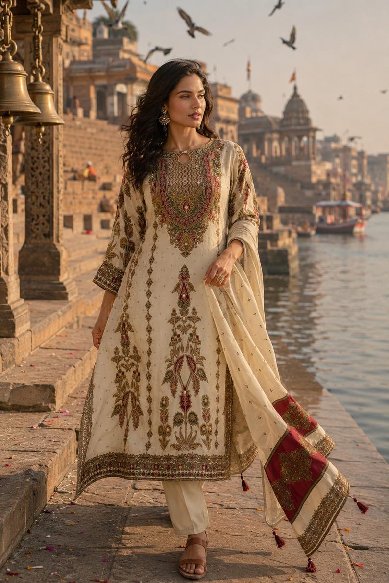 May include: An off-white long-sleeved tunic featuring intricate multi-colored floral embroidery around the neckline and hem, paired with matching straight-leg trousers and a coordinating shawl with a deep red border and tassel accents.
