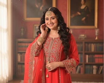 Silk  Red Anarkali Embroidered Kurta Palazzo Dupatta - Indian Wedding Wear | Festival wear | Indian dresses for women