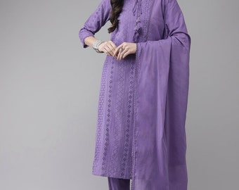 Pure Cotton Salwar Kameez Women - Lavender waven designs Trousers Dupatta - Indian Plus Size Kurta Sets - Kurti Pant Dupatta  - Tunic Top