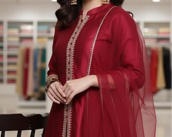 Embroidered Red Silk Blend Kurta Palazzo Dupatta - Indian Wedding Wear | Festival wear | Casual normal outing Indian dresses for women