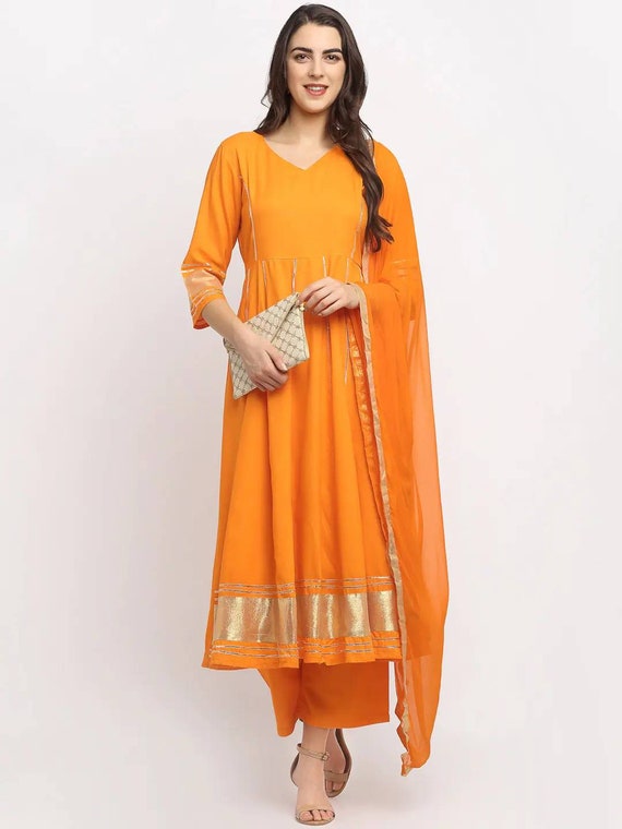 Orange Cotton Straight Solid Coloured Kurti With Pockets For Women