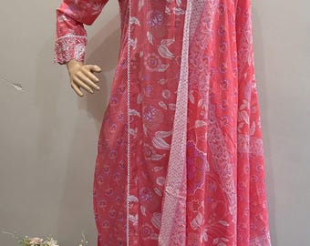 Conjunto de salwar kameez de algodón con estampado floral rosa: vestido kurta indio