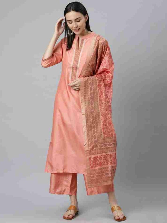 Silk Kurta Sets for Women Indian Wedding Wear Pink Gota Patti Straight Kurta  With Trousers and Dupatta Salwar Suit Dupatta 