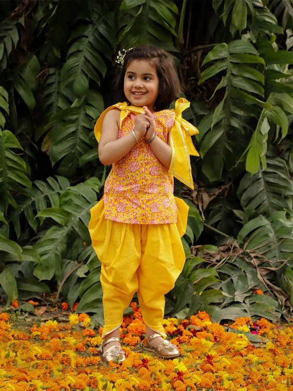 Kids Girls : Girls Pastel Yellow Dhoti With Kurta And Dupatta For Kids |  Perfect Panache
