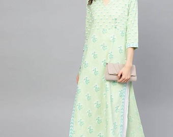 Mint green and off white kurta - printed kurta - floral printed kurta - gift for her- ethnic wear - 3xl kurta - plus size kurta - Salwar kam