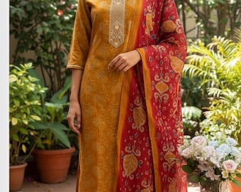 Mustard Silk Blend Kurta Set with Maroon Dupatta | Elegant Indian Outfit for Women | Festive & Party Wear Suit | Handmade Ethnic Wear | Size