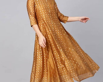 Mustard  Gold Printed Silk Anarkali Kurta - Kurta For Women - Indian Wedding Wear - Party Wear - Plus Size Salwar Kameez - Ethnic Wear